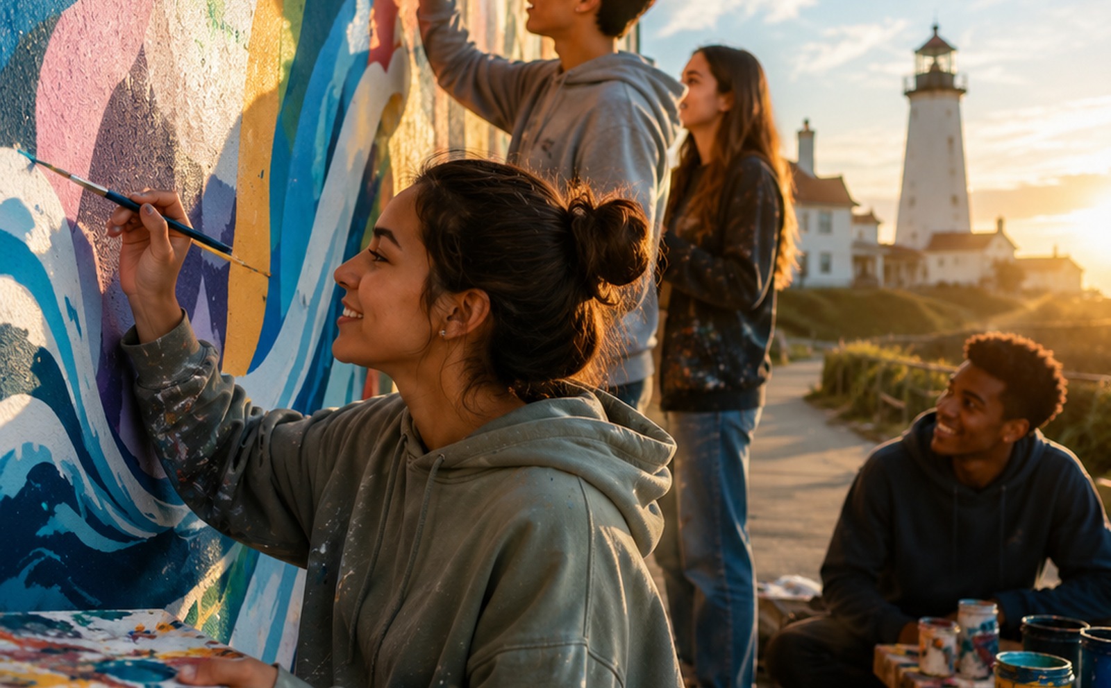 Youth painting a colorful mural near the coast