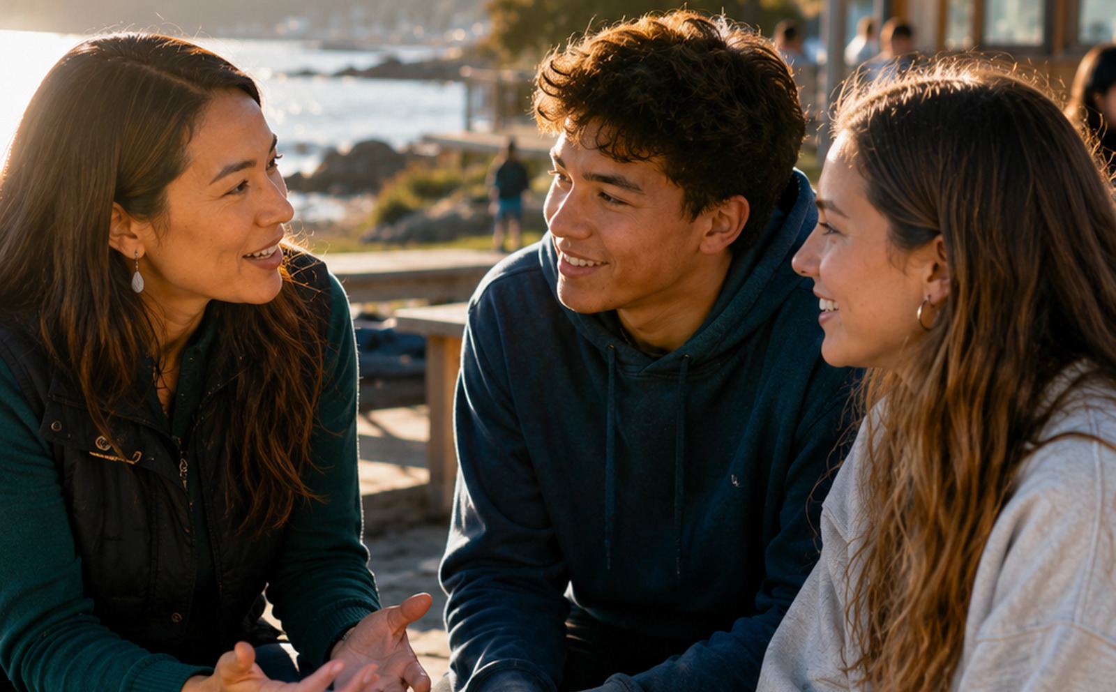 Mentor and youth in conversation beside the water