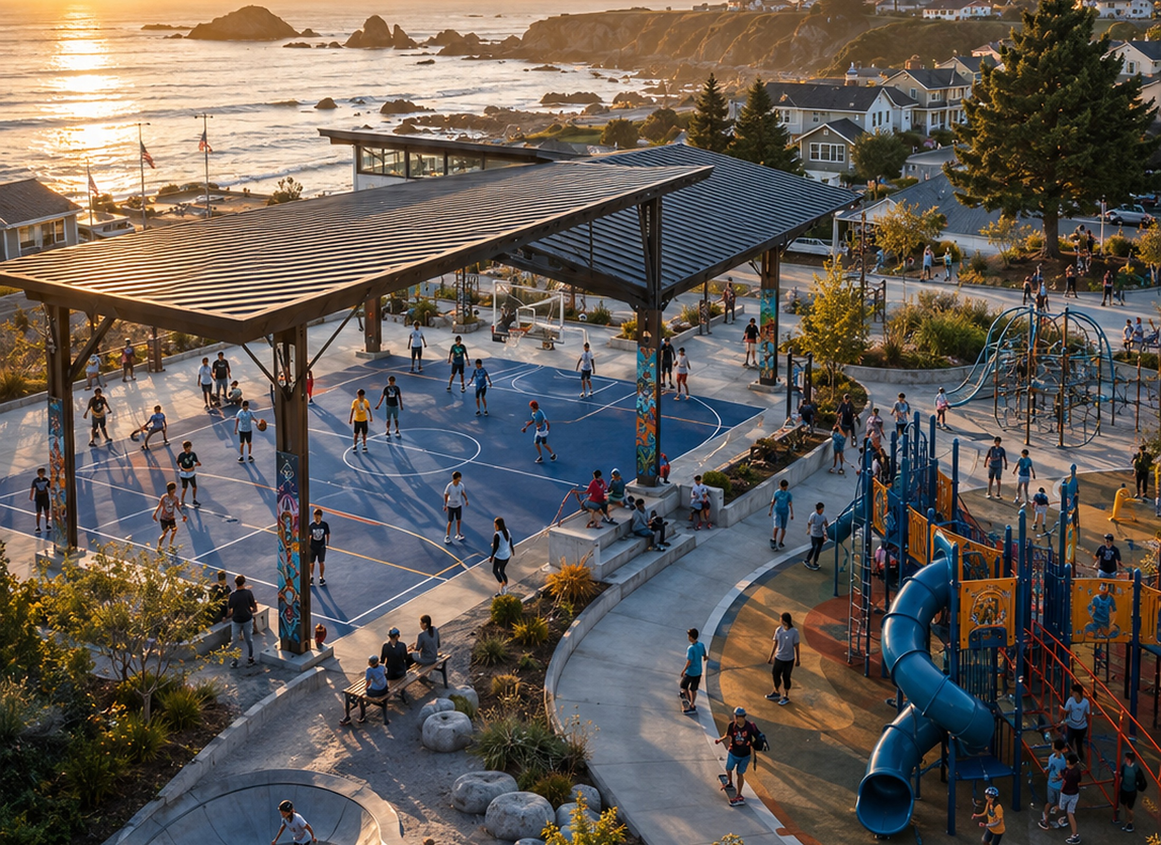 Coastal community park with play space, courts, and gathering areas at sunset