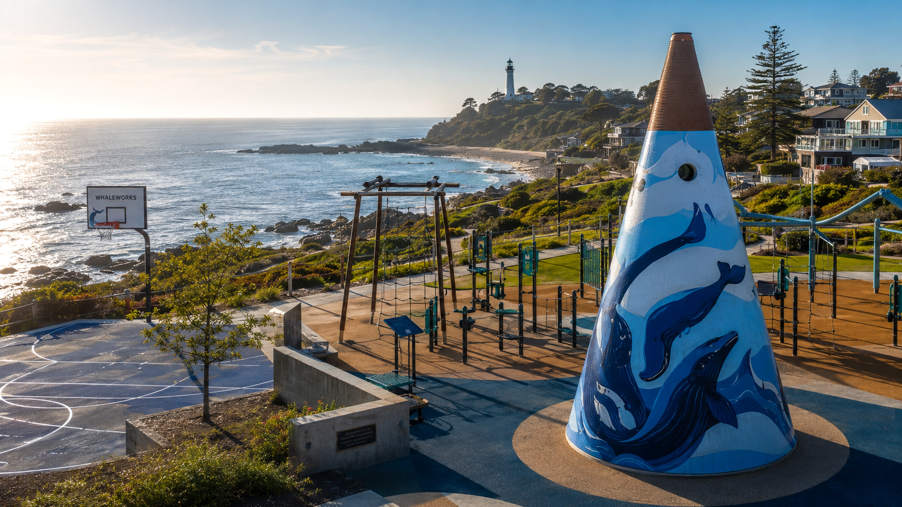 Concept visualization of a whale-inspired coastal park with basketball, playground, ocean views, and a distant lighthouse